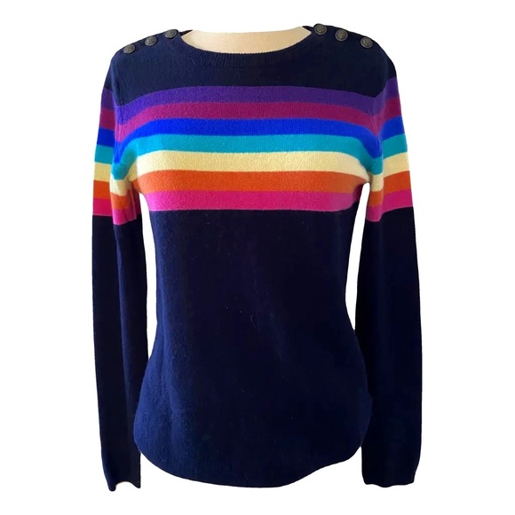WYSE London Cashmere Jumper Sweater Navy Blue Rainbow Stripe Size 2 - Picture 1 of 3